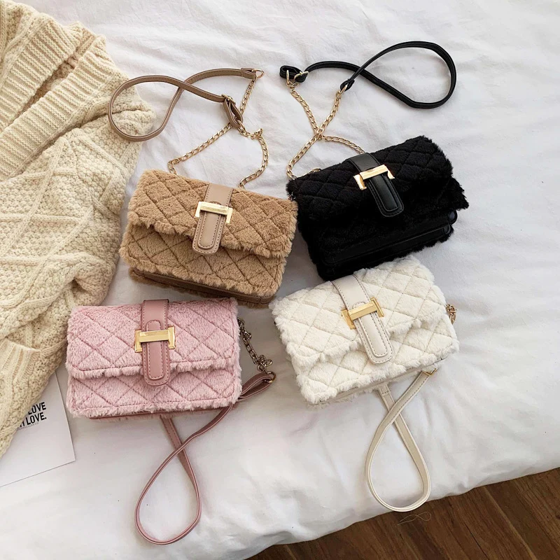 

Cute Plain Color Adjustable Chain Strap Crossbody Bags Winter Christmas Lady Retro Faux Fur Handbag, 4 colors