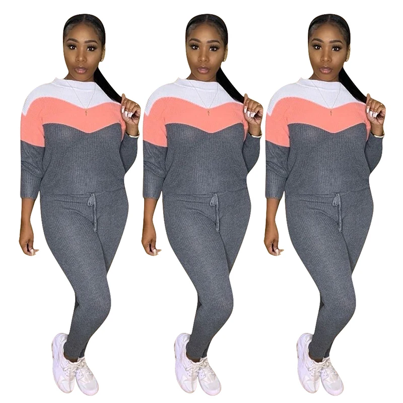 

Wholesale winter long sleeve skinny multicolor splicing sexy casual 2021 two piece set women clothing