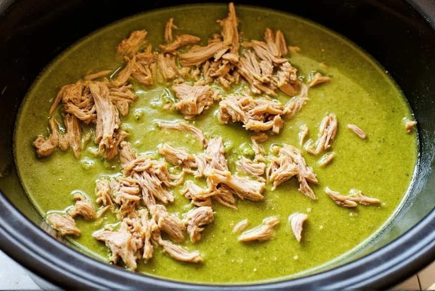 Slow cooker filled with pork chili verde showing tender shredded pork and vibrant green sauce