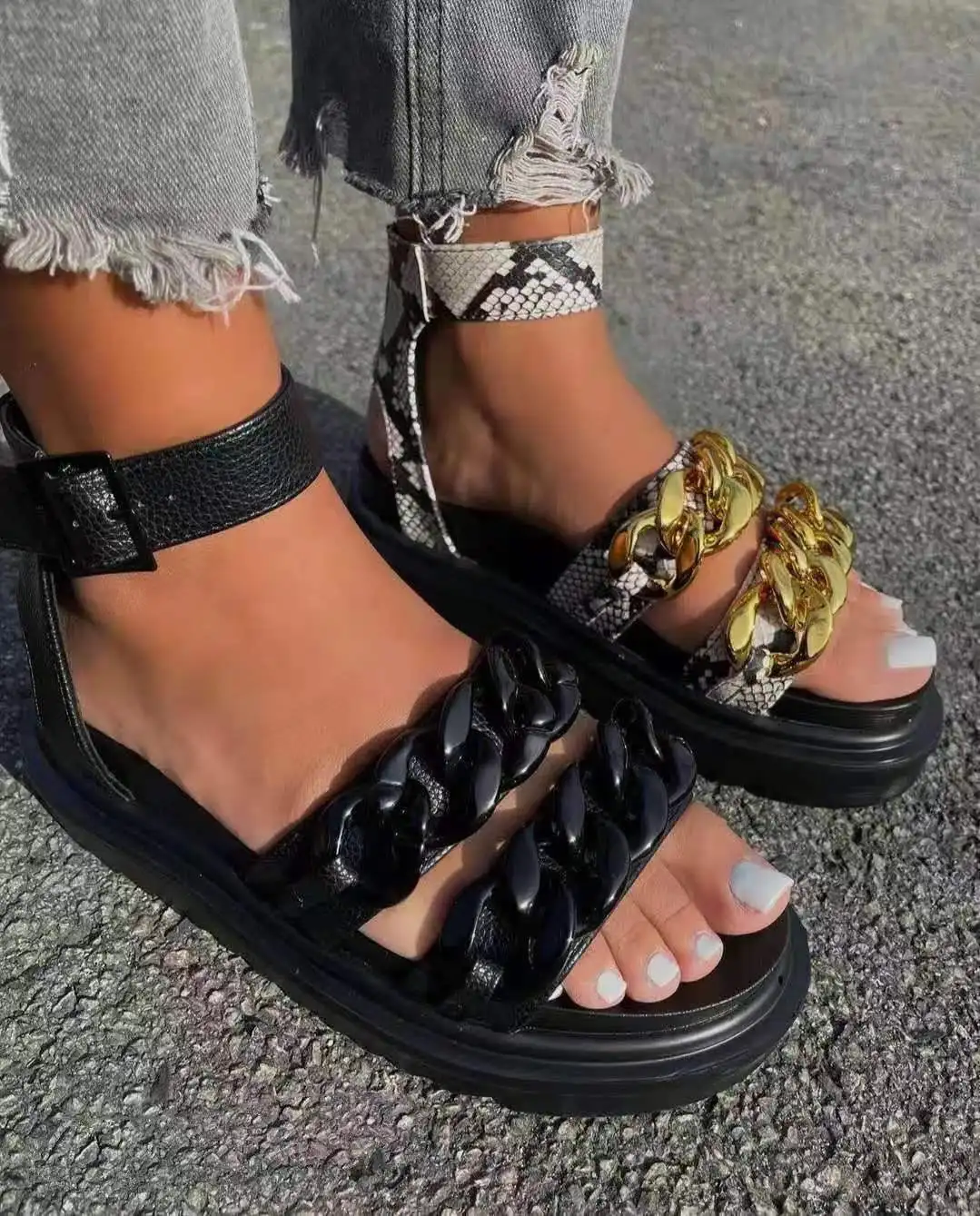 

Sandalias New trendy double strap snakeskin platform sandals ladies chain design summer flat shoes, 4colors as picture
