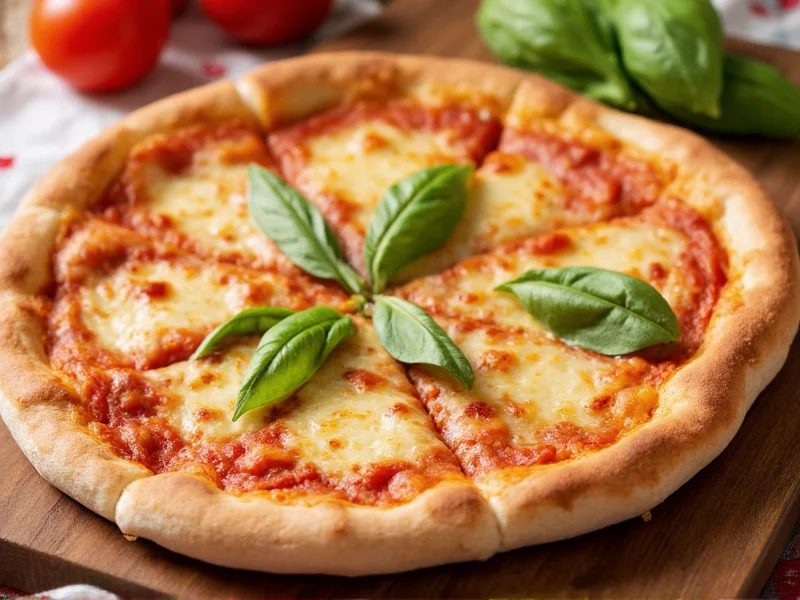 Thin crispy pizza crust with melted cheese and fresh basil