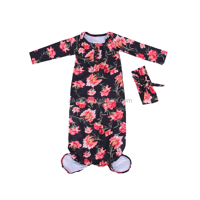 

Floral Infant Toddler Clothes Long Sleeve Sleeping Gown Knotted Newborn Baby Girl Gowns With Headband, Picture