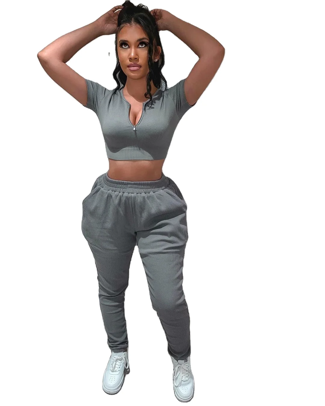 

L285001 Wholesale Fashion Solid Color Sport Crop Top and Pant