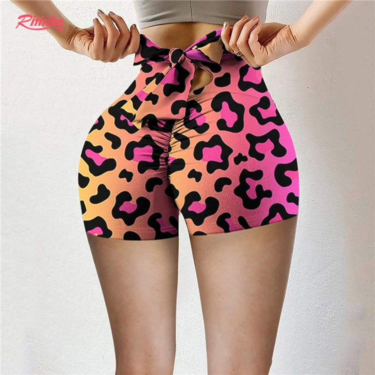 

Pink Leopard Print Plus Size Bandage High Waist Peach Buttock Ribbed Sports Pants Hollow Out Scrunch Butt Leggings Yoga Shorts