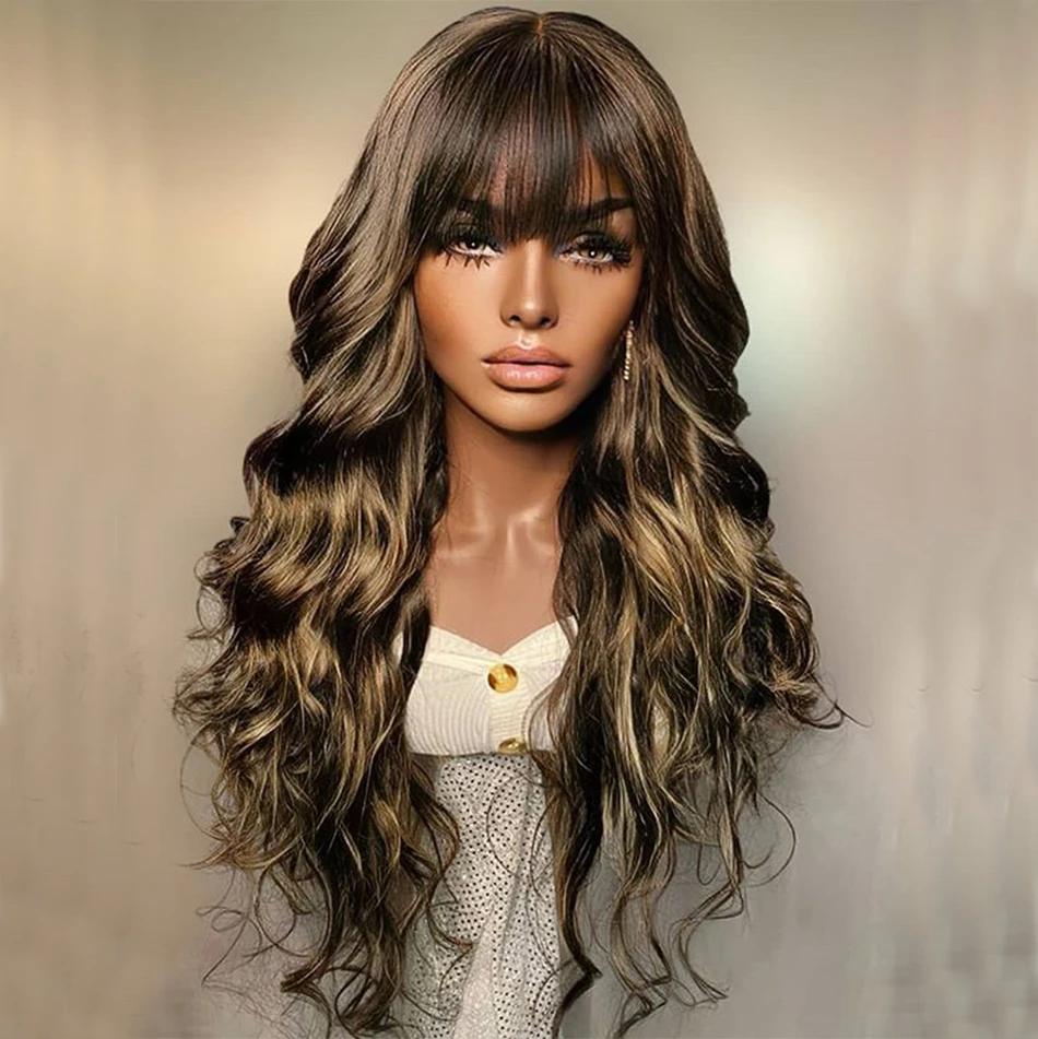

Highlights Blonde Body Wave Human Hair Wigs with Bangs for Women 150% 13x6 Lace Front Brazilian Remy Fringe Wigs Lace Front Wigs, Natural color lace wig