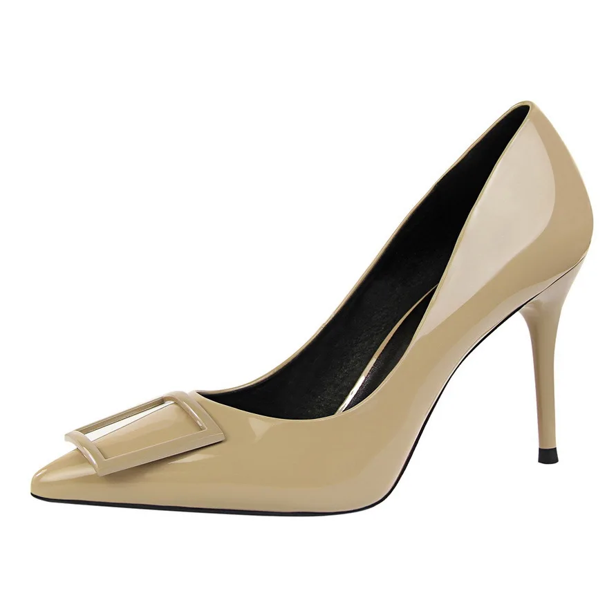 

Amazon AliExpress Hot Selling Ladies High Heels Office Candy Color Pointed Shallow Mouth Buckle Casual Heels Shoes For Ladies