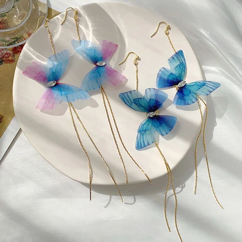 

fashion trendy women long blue butterfly earrings for women