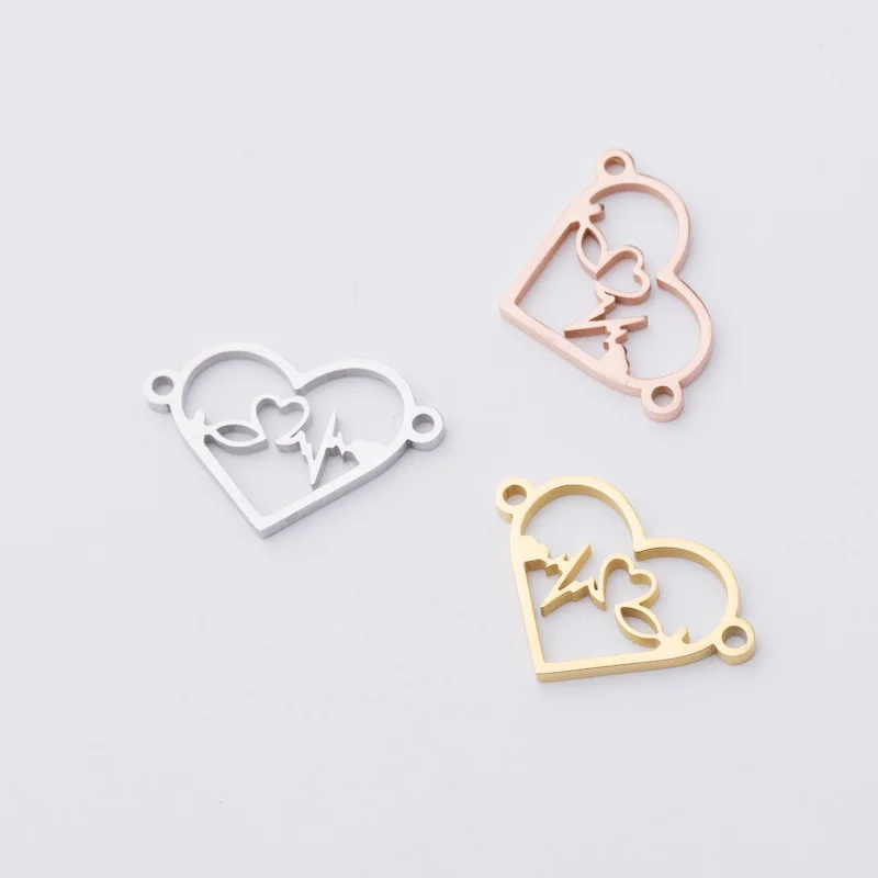 

18x15mm Jewelry Making Accessories Finding Stainless Steel Hollow Electrocardiogram Heart Shape Connector Pendant Charm, Gold,silver,rose gold