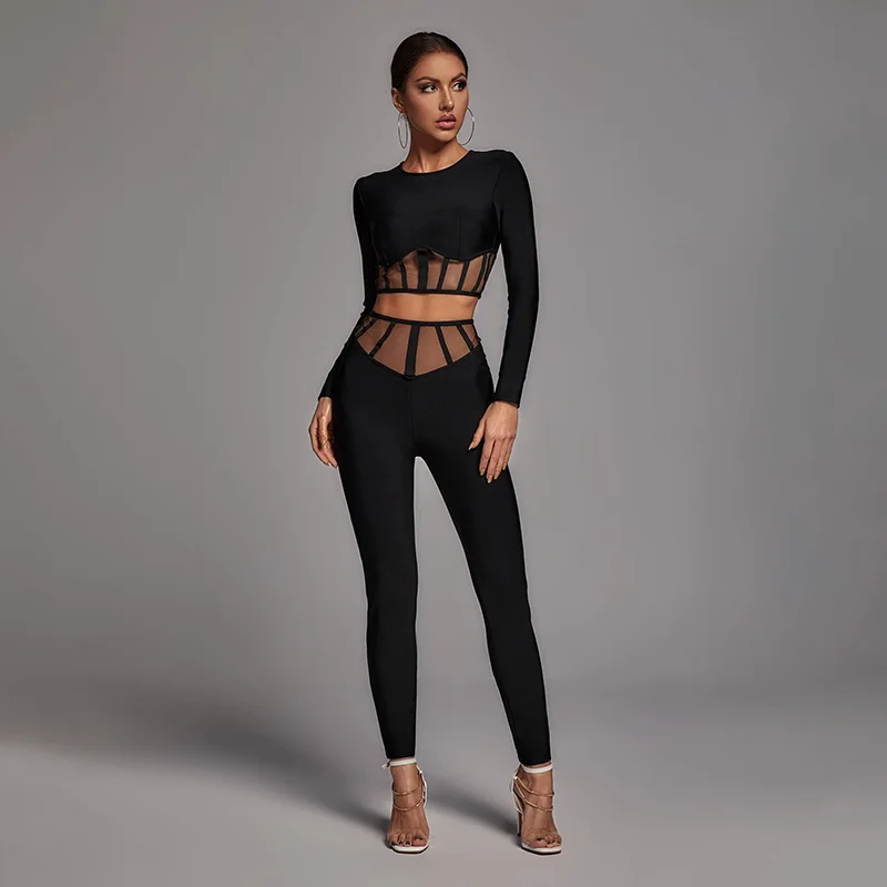 Women Long Sleeve Fashion Bandage Bodycon Mesh Jumpsuit For Women One Piece Jumpsuits