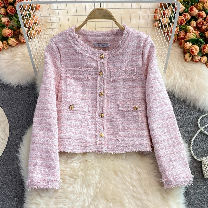 

2022 Autumn Winter New Socialite Loose Tweed Jacket Round Neck Short Long-sleeved Woolen Jacket Office Lady Formal Workwear