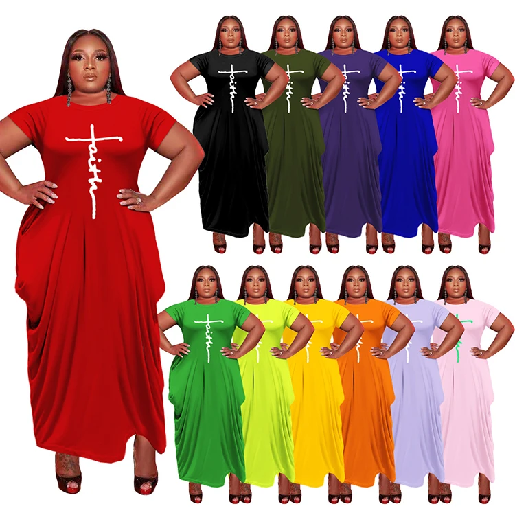 

hot selling plus size maxi dresses 2022 short sleeve long summer dress faith letter printing 5XL women dress with side pockets, 12 solid colors