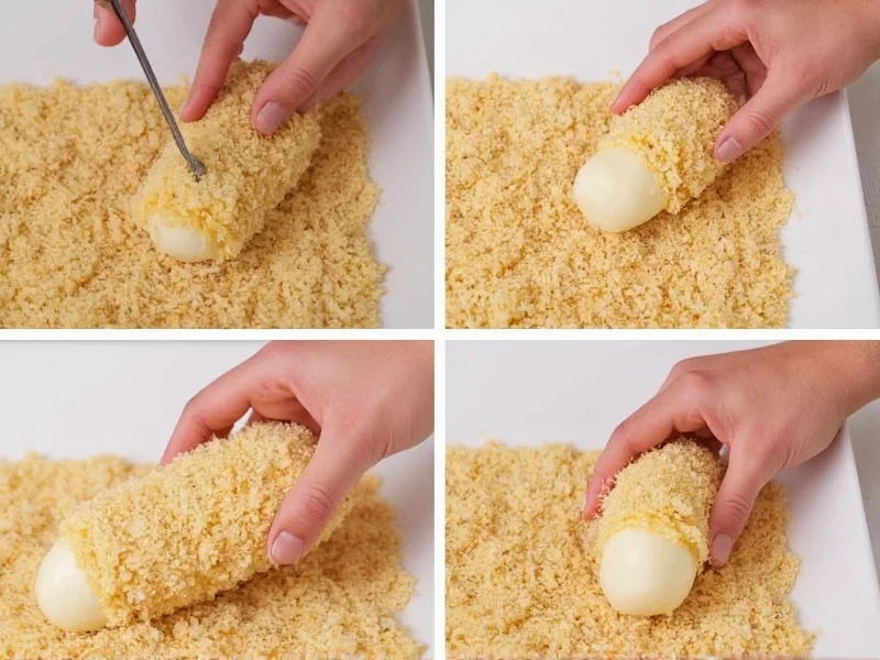 Hand coating mozzarella sticks in breadcrumbs step by step