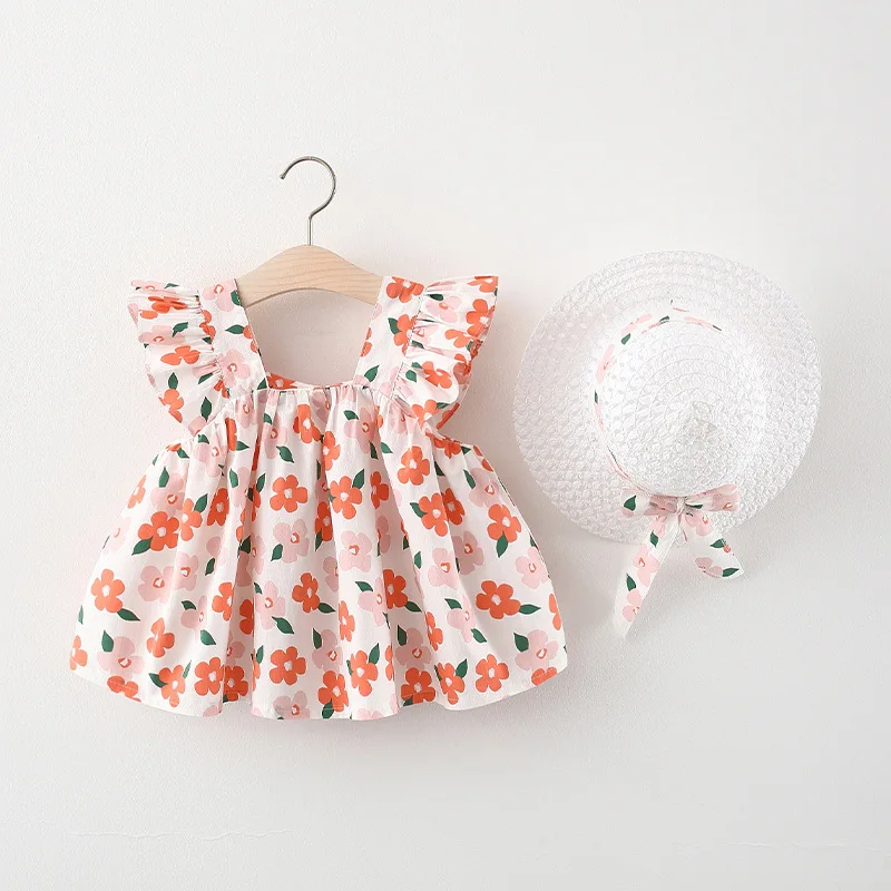 

Wholesale Toddle Girls Summer Princess Dress Floral Print Sleeveless Dress With Hat