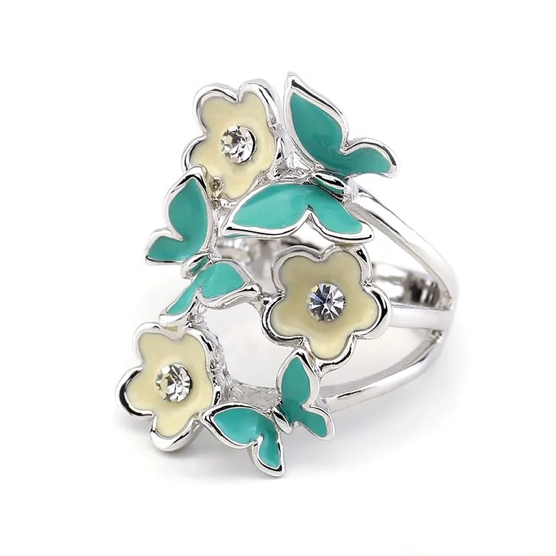 

Luxury 925 Sterling Silver Jewelry Butterflies Flower Enamel White Gold Plated Ring