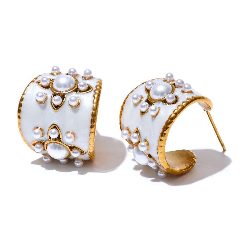 

JINYOU 2558 Exquisite Imitation Pearls White Enamel Metal Stainless Steel Flower Geometric Earrings Chic Daily Fashion Jewelry