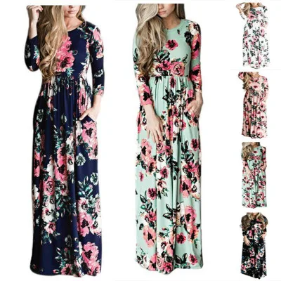 

Wholesale fashion long sleeve women beach dress colorful stock Floral Long Maxi Summer Dress Women