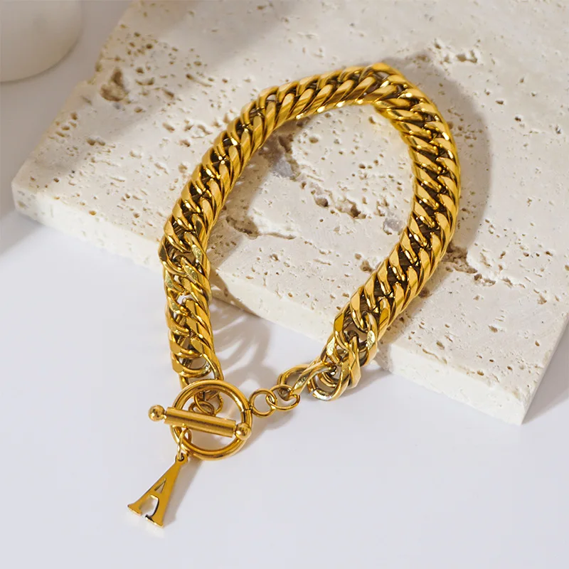 

New Arrivals Fashion Jewelry A Letter Pendant Gold Plated Stainless Steel Cuban Bracelet Bangle Men Women Hip Hop