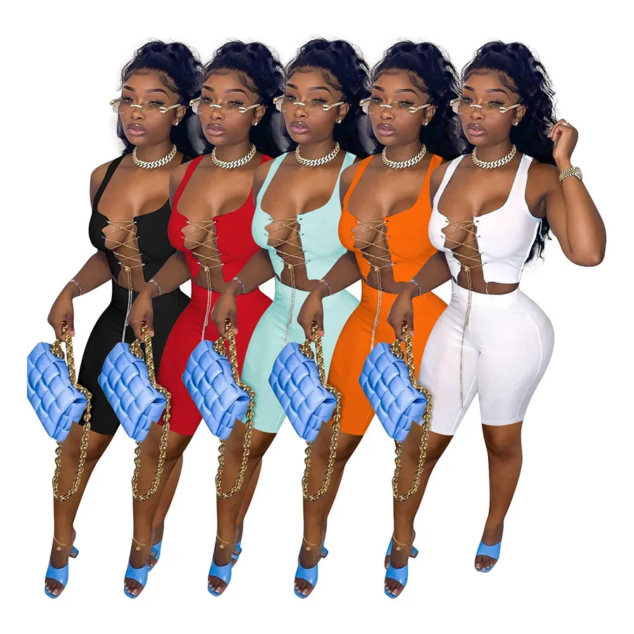 

Foma YD8393 hot selling 2021 wholesale chain vest top and biker shorts women sexy bodycon two 2 piece pants set, 5 colors