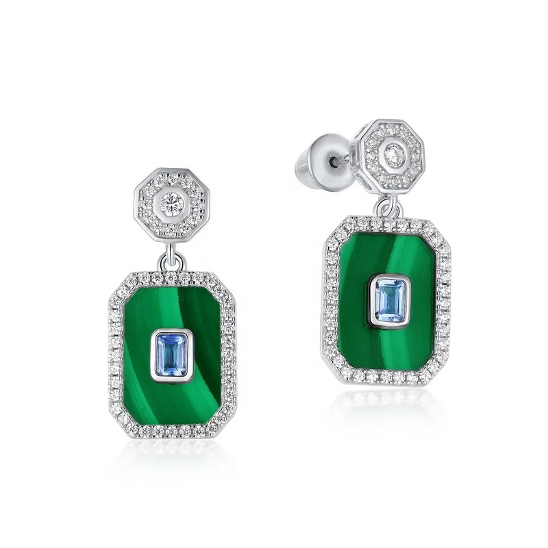 

Fashion Elegant Cubic Zirconia And Blue Crystal Earrings Real Silver Rectangle Malachite Drop Earrings For Women