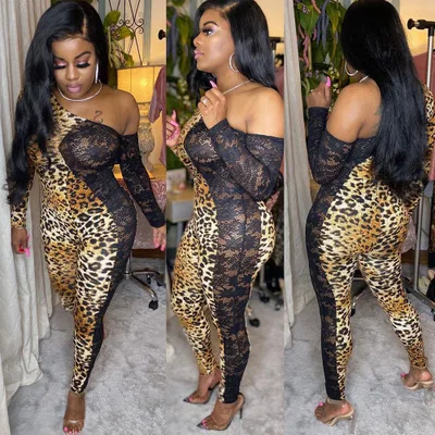 

CL-064 Sexy Night Club Party Female Outfits Women Breathable Off Shoulder Long Sleeve Leopard Print Jumpsuits
