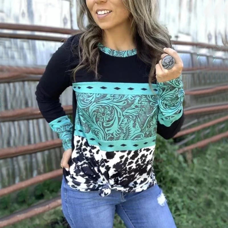 

Women Long Sleeve T-Shift Casual Cow Print Round Neck Tops Print Stitching Loose Top