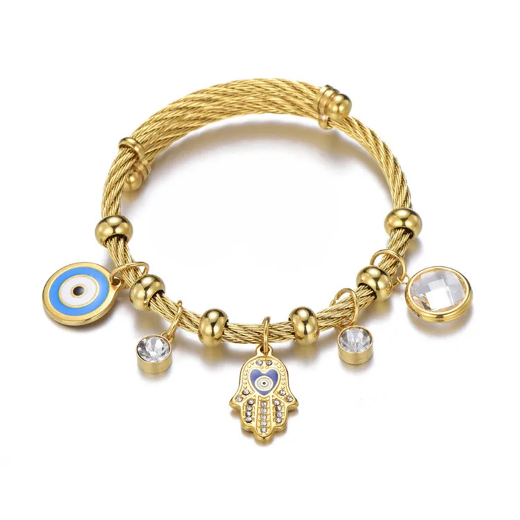 

Stainless Steel Hand of Fatima Bracelet Islamic Turkey Blue Eye Bangles, Gold,silver plated