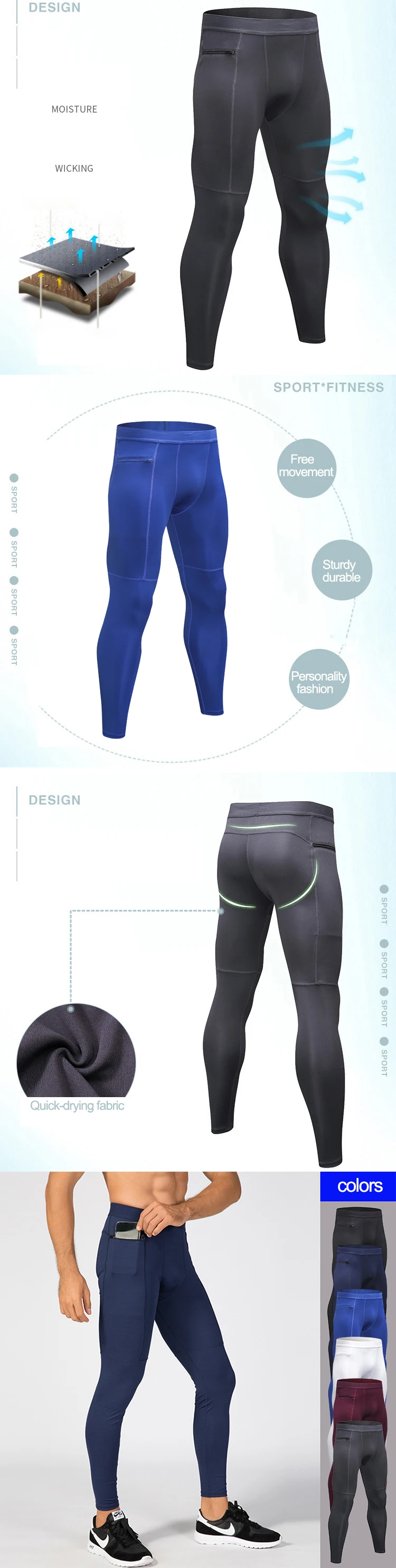  New Quick-dry Gym clothing men leggins Men's Compression Workout Tights Sweat Jogging Sport leggings with zipper