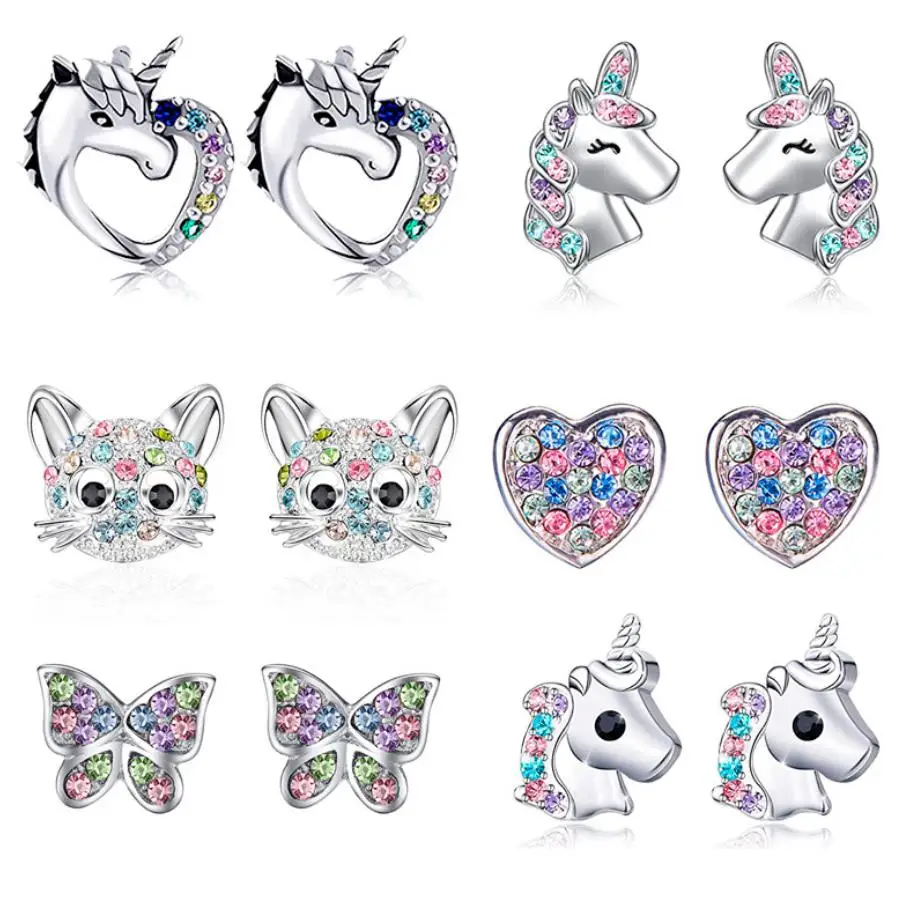 

Factory made Cute Unicorn Stud Earrings for Little Girl Kids Crystal Cat Rainbow Heart Star Earring Christmas Gift Jewelry