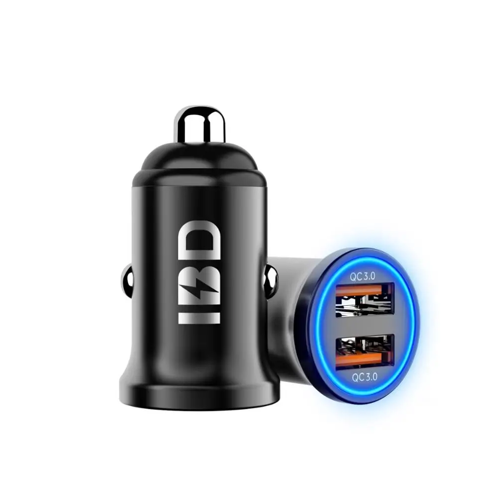 

IBD Dual QC3.0 Usb Mobile Phone Car Charger Zinc Alloy 36W Fast Smart Car Charger Socket With Led, Black