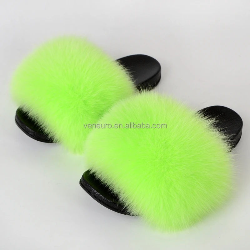 

2021 Wholesale Fashion Real fox Fur Slippers Plush Big FurFluffy Slippers Sandals Women Fox Fur Slides, Customized color