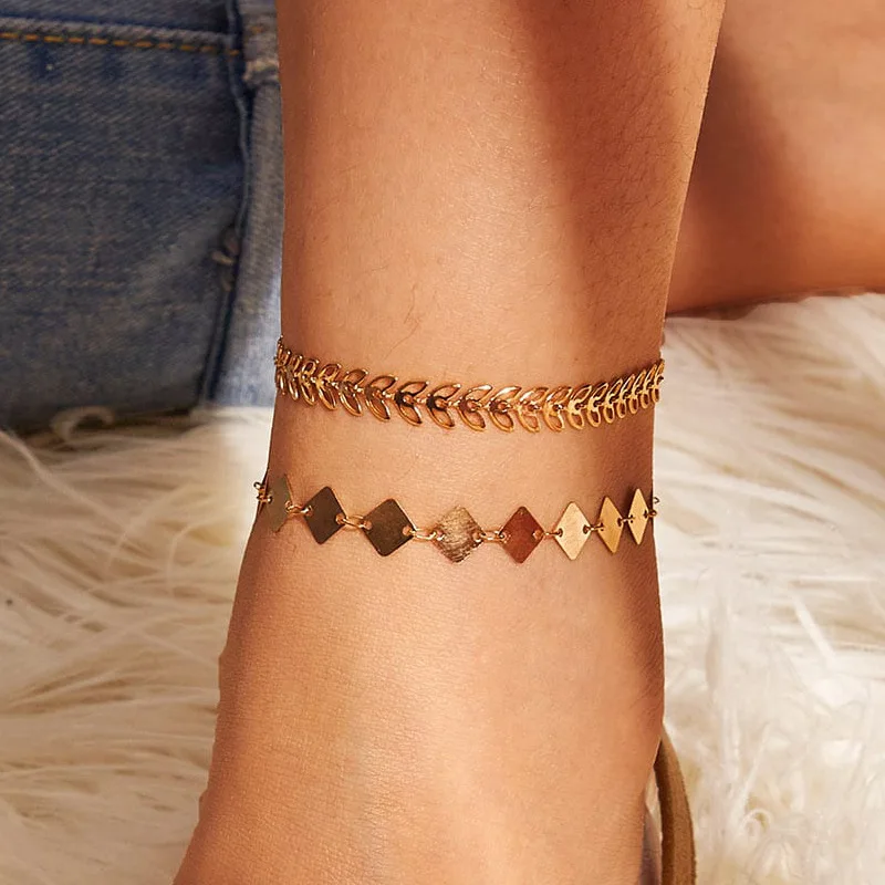 

European And American Alloy Golden Leaf Metal Square Piece Anklet Set 2-Piece Set Creative Simple Anklet, Silver