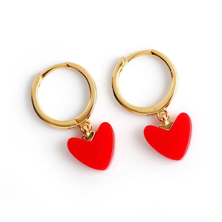 

Korean women jewerly 925 sterling silver 14k gold plated fashion 2021 red heart drop shell earrings hoops for gifts