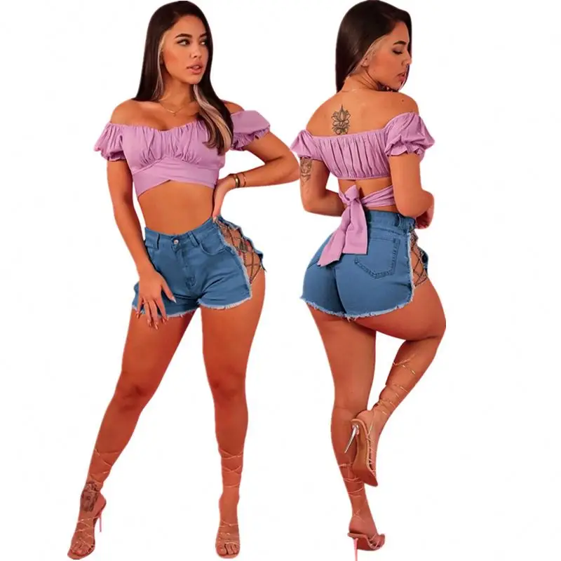 

CY046 Plus size women's shorts sexy hot pants summer wear washed jeans shorts hollow out chain stretchy jeans