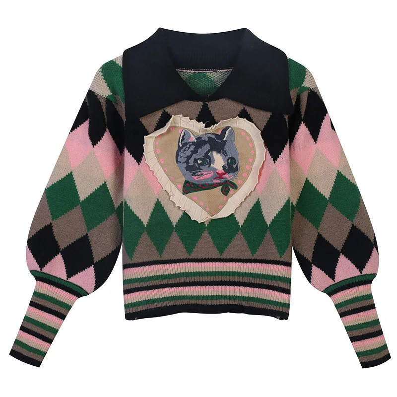 

Factory custom Contrast color diamond jacquard pullover women cat heart embroidery retro slim lapel cotton knitting sweater