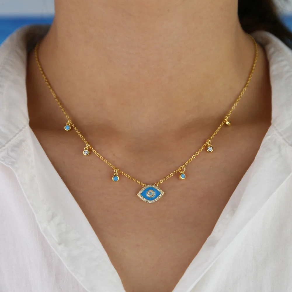 

Evil eye Gold bracelet necklace set Blue Turquoises Round cz charm Lucky Turkish Evil Eye Gold necklace Jewelry