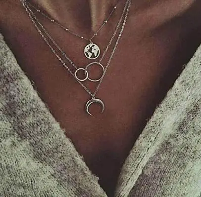 

Layered Necklace Moon Necklace Map Pendant Jewelry for Women