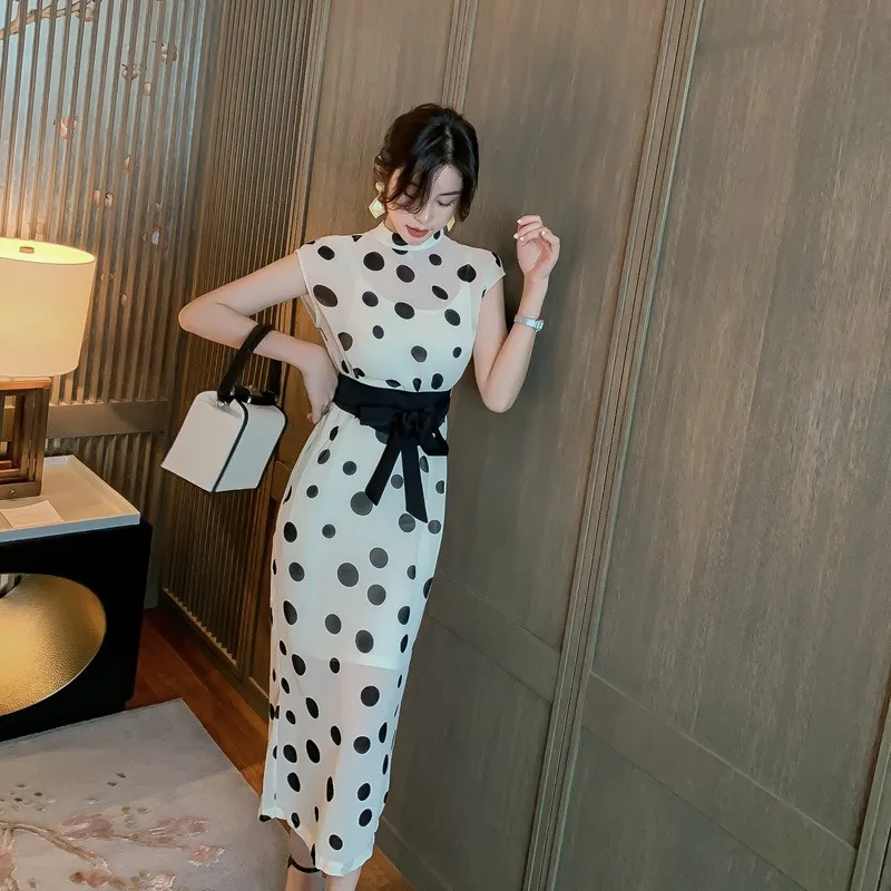 

2021 Summer New Women Dot Print Sashes Ladies Casual Chiffon Dress