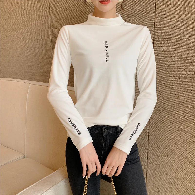 

Women's long-sleeved t-shirt Slim half-high neck gold velvet top tight-fitting bottoming shirt