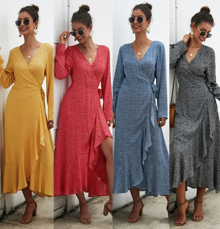 

Fashion casual women's autumn and winter 2021 new long sleeve maxi dress ladies, Yellow, red, black, blue