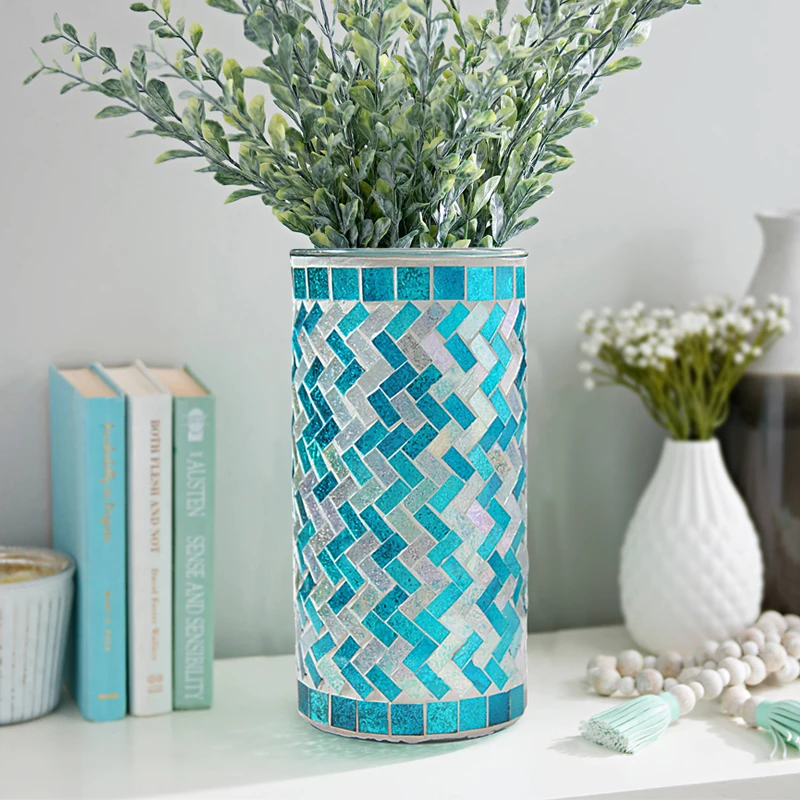 Mediterranean Blue Mosaic Vase Glass For Home Decoration 20cm Tall