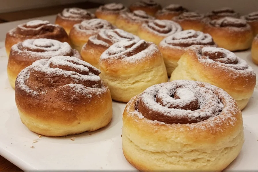 Professional photograph of freshly baked cinnamon rolls with visible spiral layers, glossy icing drizzle, and steam rising from a specialty cinnamon roll deli counter