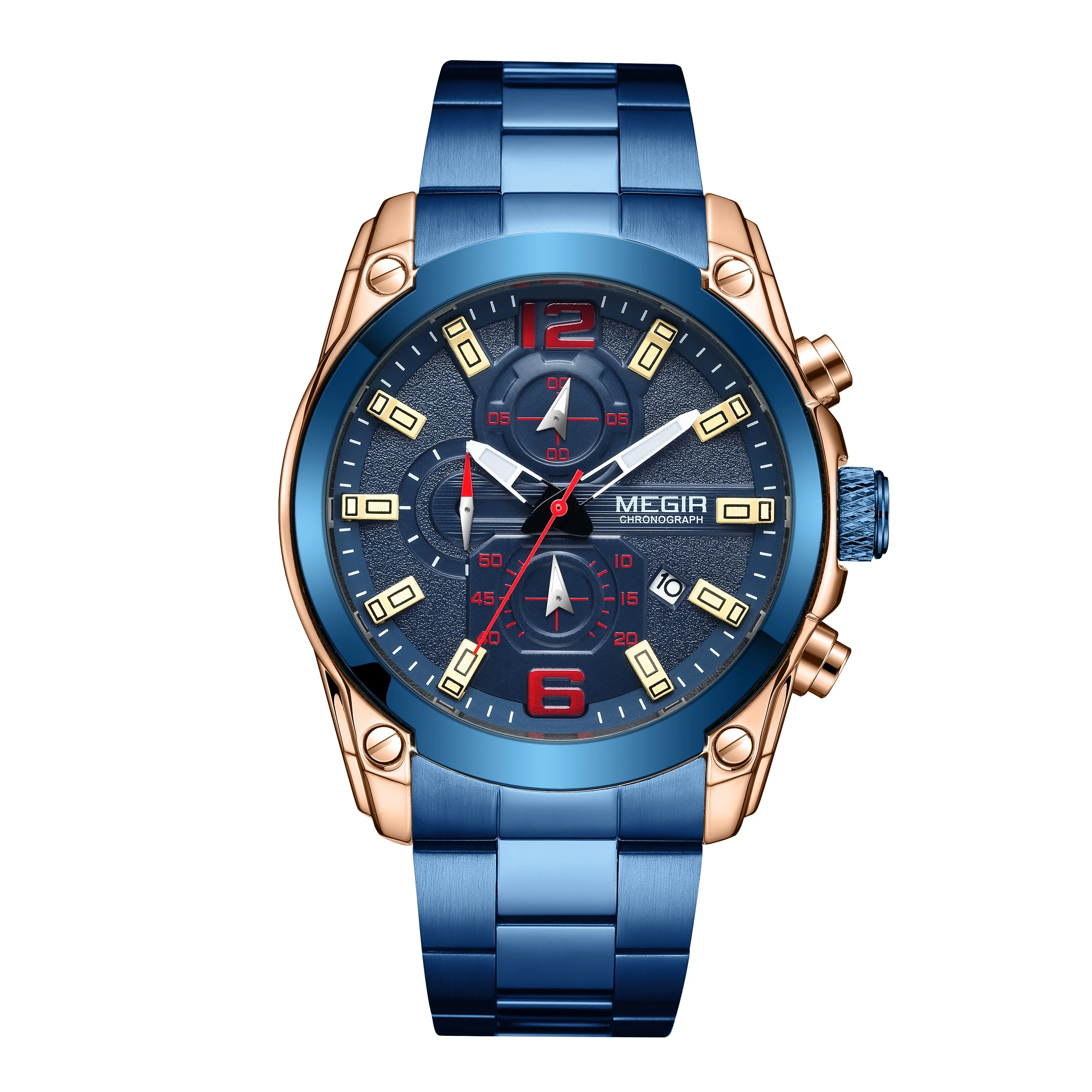 

New launch MEGIR 2063G men fashion watch relojes de hombre boys wristwatch cool blue metal band mens chronograph watches, Ips ipb ipg iprg