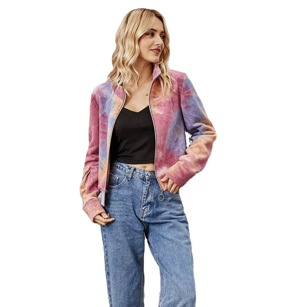 

Wholesale Fashion 2021 New Tie-dye Floral Print Jacket Short Stand Neck Zip Up Sleeve Pocket Coat Casual Outfit for Women