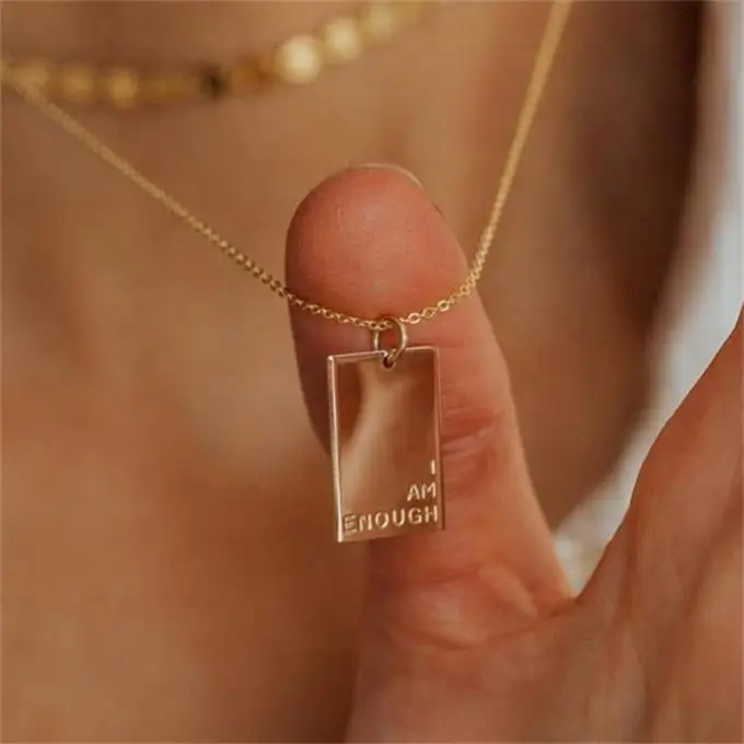 

Customized Gold Plated Geometric Jewelry Engraved Word Message Inspired Square Rectangle Pendant Necklace