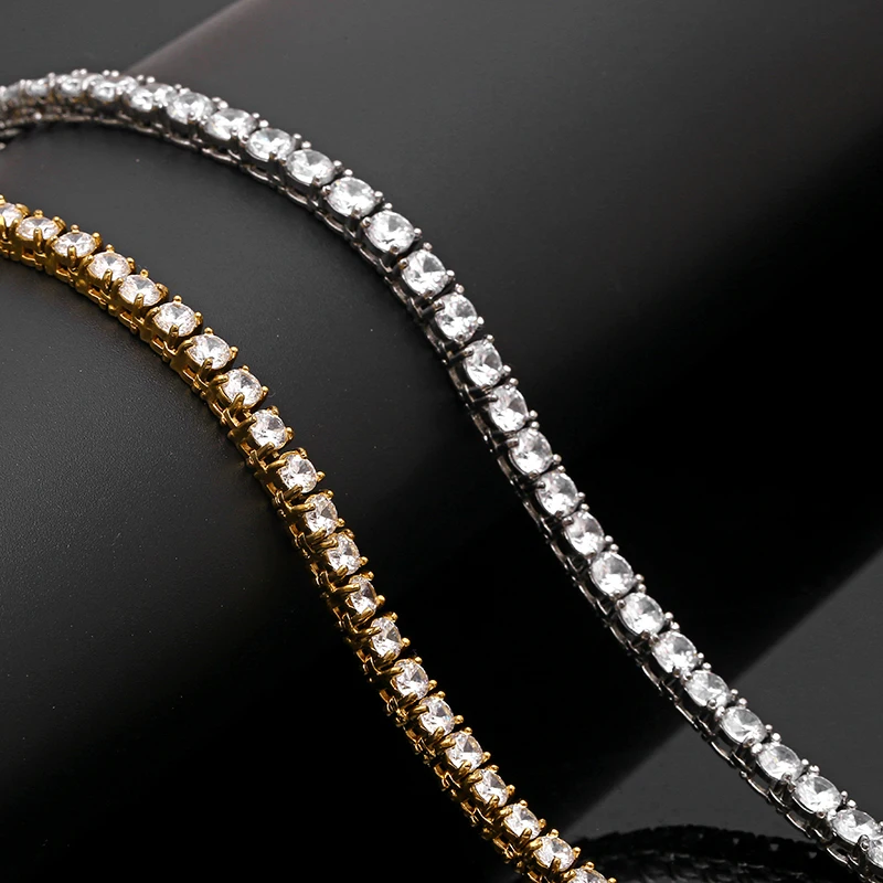 

European New Design Women Hips Hops Tennis Chain 4mm Stainless Steel Zircon Diamonds 18K Gold Plated Cuban Chain Necklace