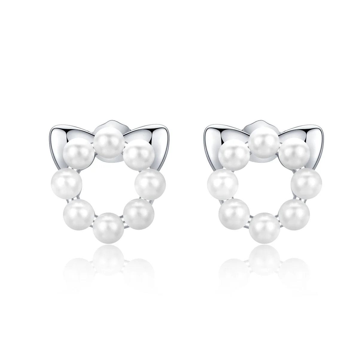 

925 Sterling Silver Stud Hoop Pearl Kitty Cute Earrings