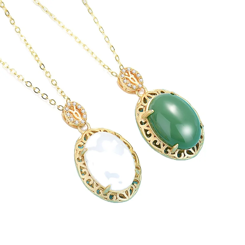 

White Jade Necklace Female Auspicious Cloud Jade Green Pendant Palace Style Han Chinese Dress Cheongsam With Jade Pendant