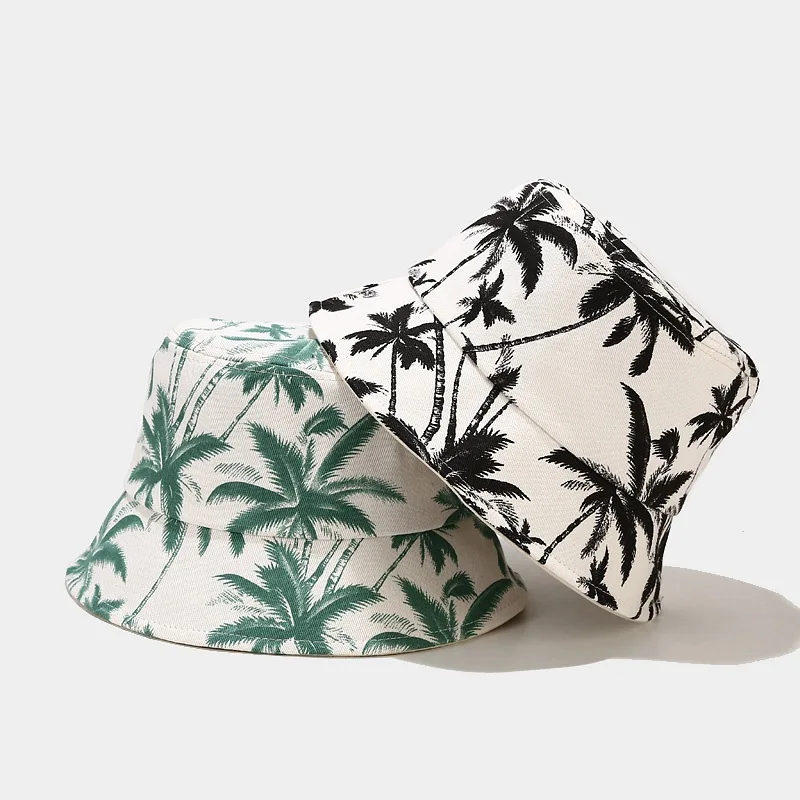

Free shipping instock coconut palm sunhat sublimation blank custom logo print palm trees bucket hats parsly print logo