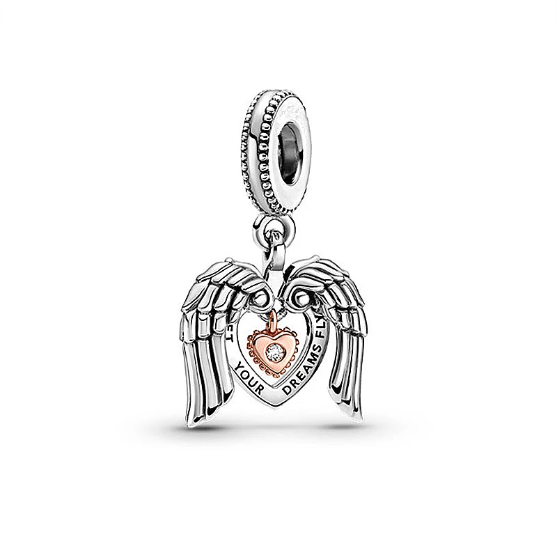 

Club 2021 Angel Wings Heart Dangle Charms 925 Sterling Silver Pendant Beads Fit Bracelets Necklace Gift DIY For Women Jewelry, Photo
