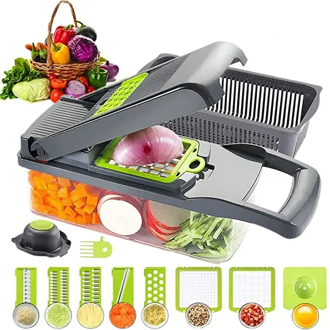 

A523 Multifunction Vegetable Slicer Dicer Carrot Grater with Drain Basket 7 Blades Plastic Slicer Mandoline Vegetable Cutter, White/grey